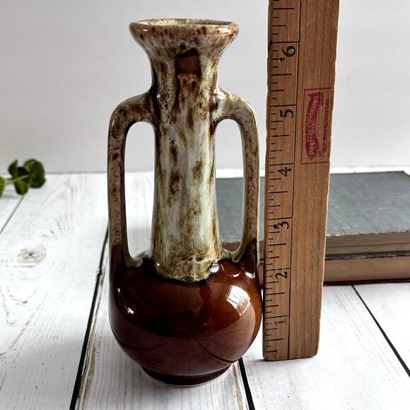 Vintage Hull Pottery Brown Drip Glaze Vase 2 Handles Brown USA Mid Century #100 - Picture 7 of 7